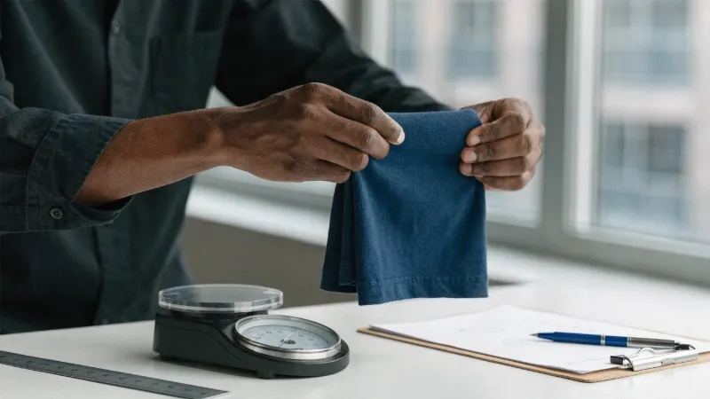 A person inspecting fabric quality with a scale and a ruler