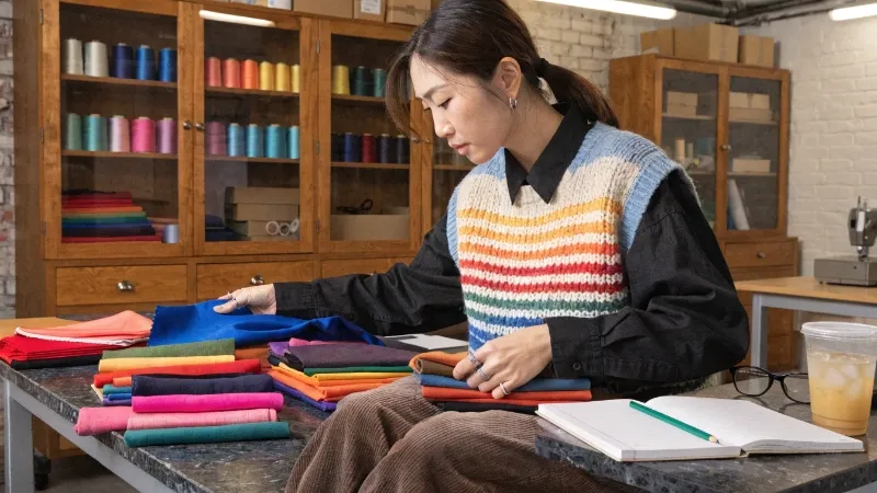 A clothing designer choosing between different fabric swatches