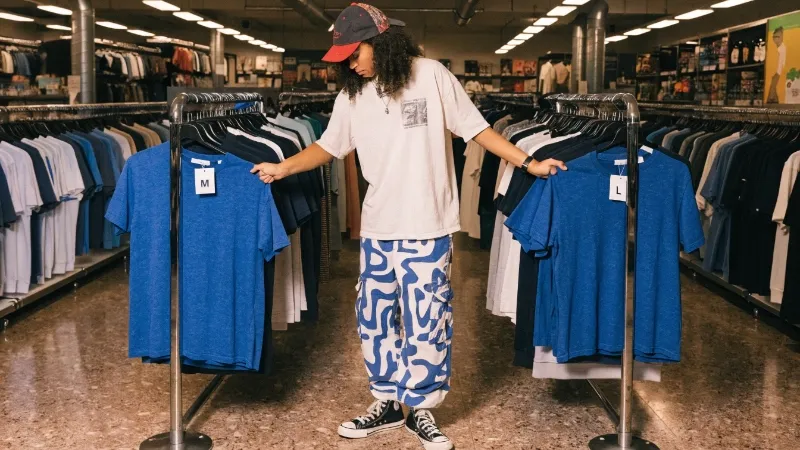 Compare the size labels of two different t-shirts