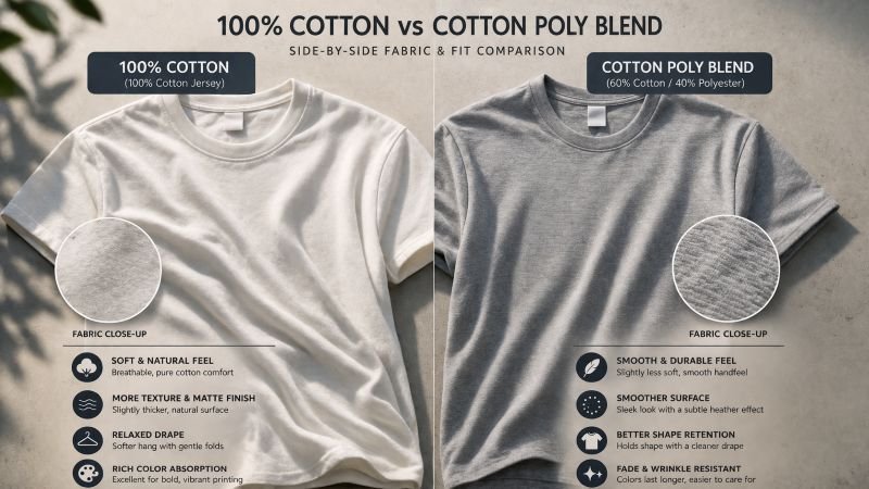 Side-by-side comparison of a 100% cotton t-shirt and a blended fabric t-shirt