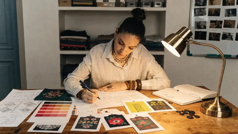 A designer looking at custom labels, hangtags, and embroidery samples.
