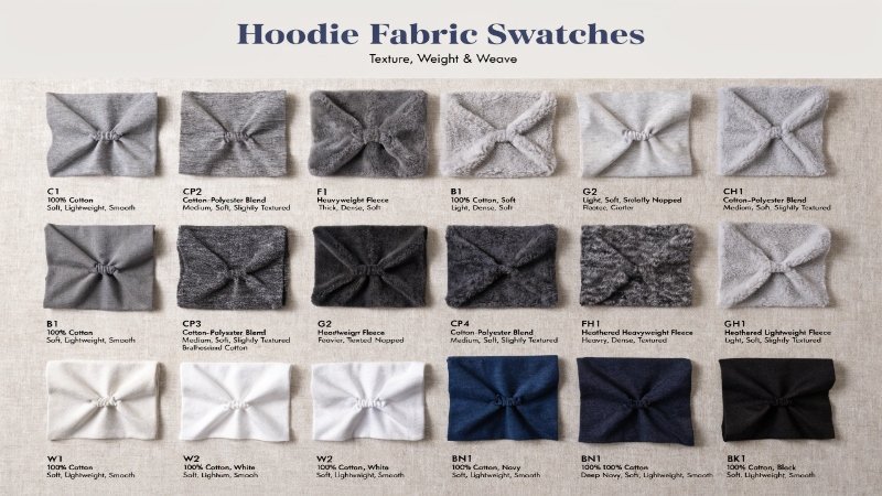 Hoodie Fabric Swatches Different swatches of hoodie fabric, showing various textures and colors
