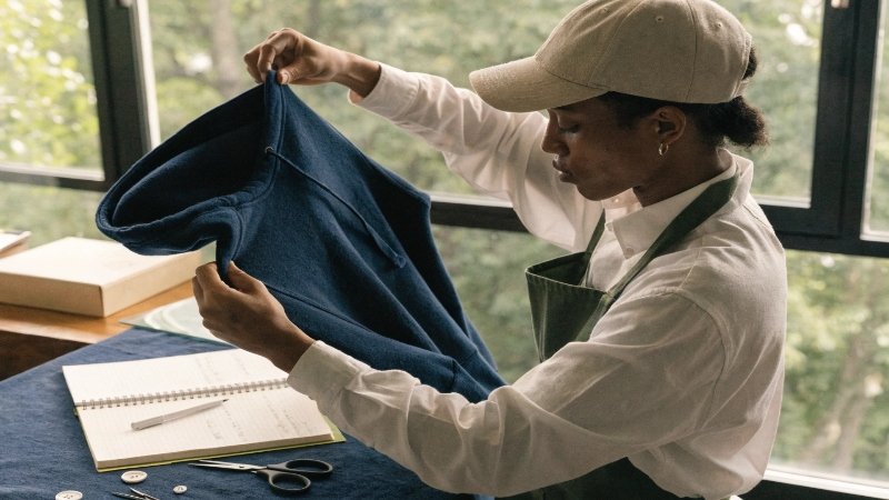 Inspecting a Hoodie Sample A person inspecting a sample hoodie for quality