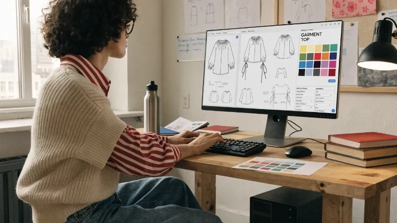 A person working on a computer with a detailed clothing tech pack on the screen.