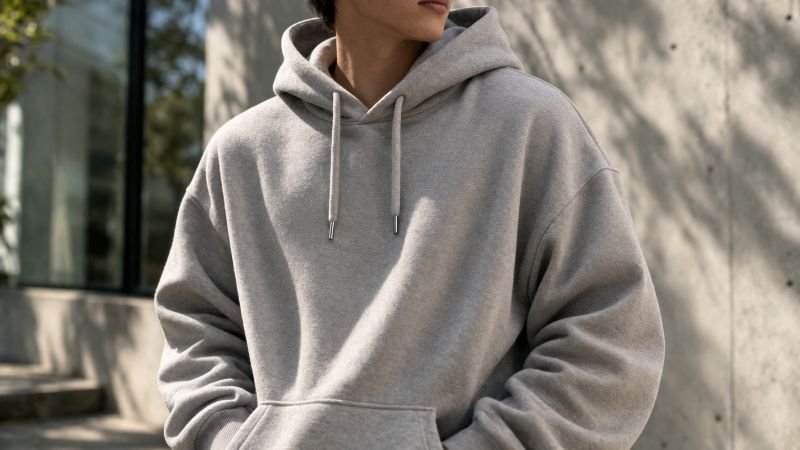 A person wearing a high-quality hoodie, showing off the fabric's texture and drape