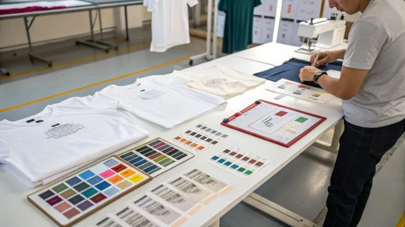 Custom shirt decoration development with print samples, embroidery swatches, and T-shirt panels