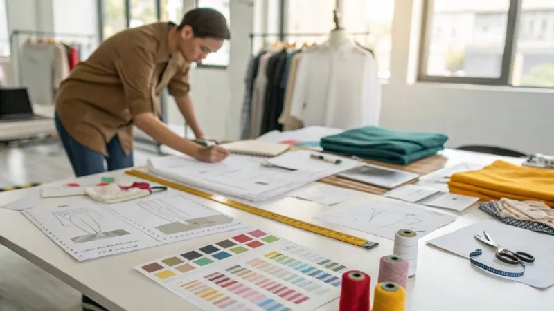 Custom shirt sample development process with fabric swatches, measurements, sketches, and garment samples