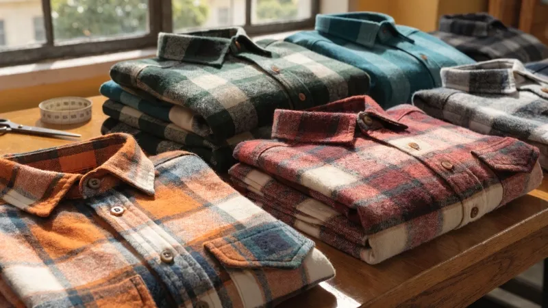 Plaid flannel shirt production detail showing fabric texture and pattern alignment