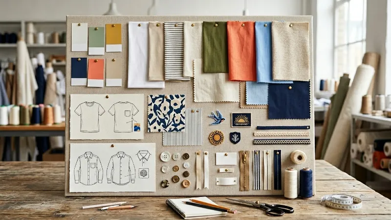Shirt design development moodboard with fabric swatches, color cards, sketches, and embroidery samples