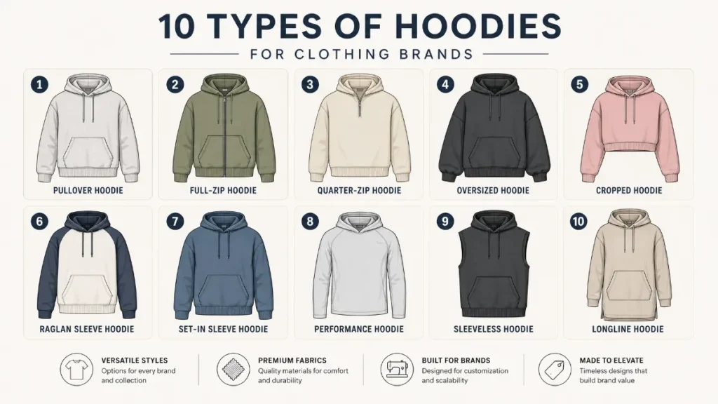 10 types of hoodies for clothing brands including pullover, full-zip, oversized, cropped, raglan, and performance styles