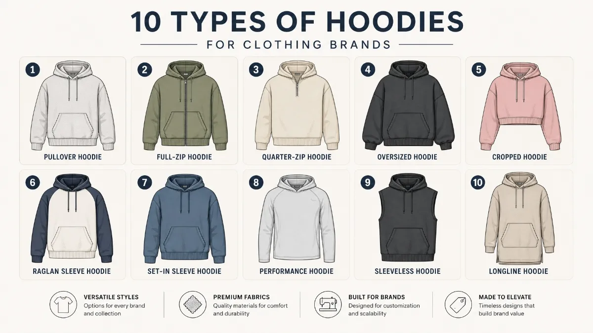 10 types of hoodies for clothing brands including pullover, full-zip, oversized, cropped, raglan, and performance styles