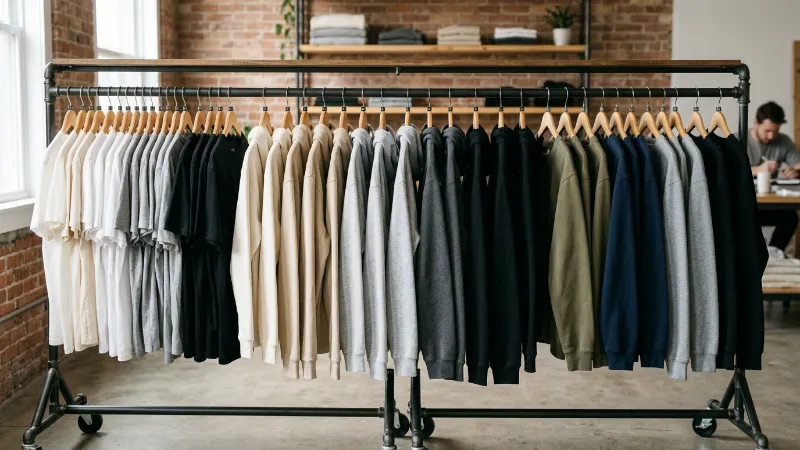 A rack of blank T-shirts, hoodies, and sweatshirts in neutral colors