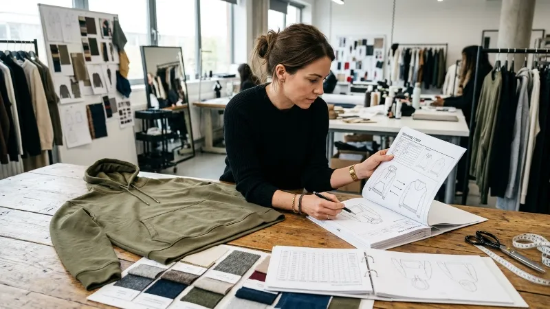 Clothing Tech Pack and Specifications A tech pack document with detailed specifications next to a fabric swatch