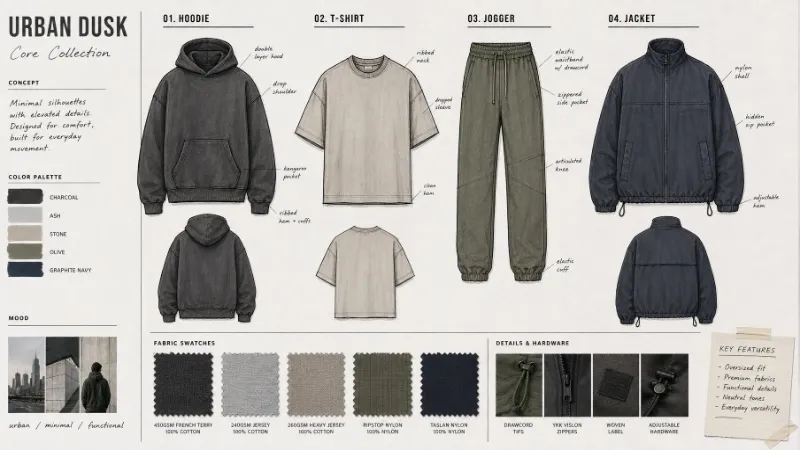 A design board showing hoodie, T-shirt, jogger, and jacket sketches with fabric swatches