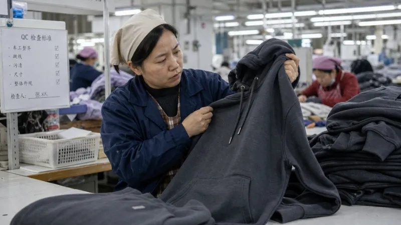 Common Hoodie Sewing Mistakes to Avoid A worker in a garment factory is inspecting the quality of hoodies