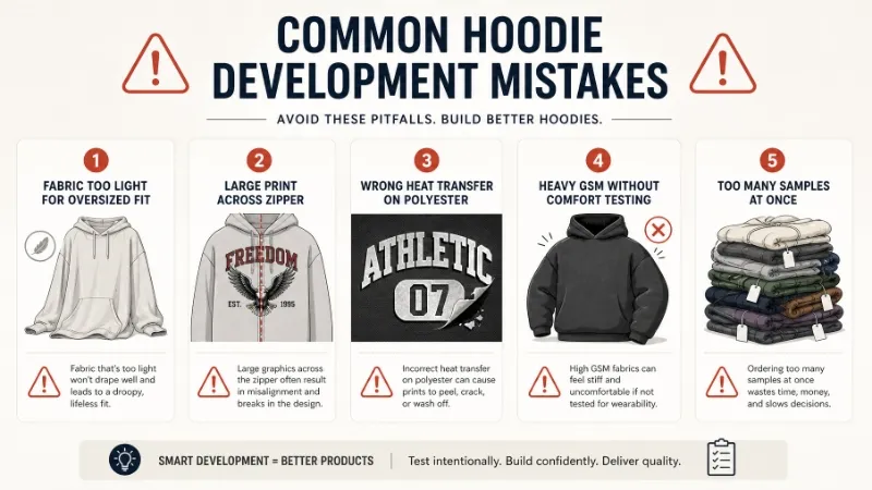 Common hoodie development mistakes for clothing brands including wrong GSM, zipper print issues, and decoration risks