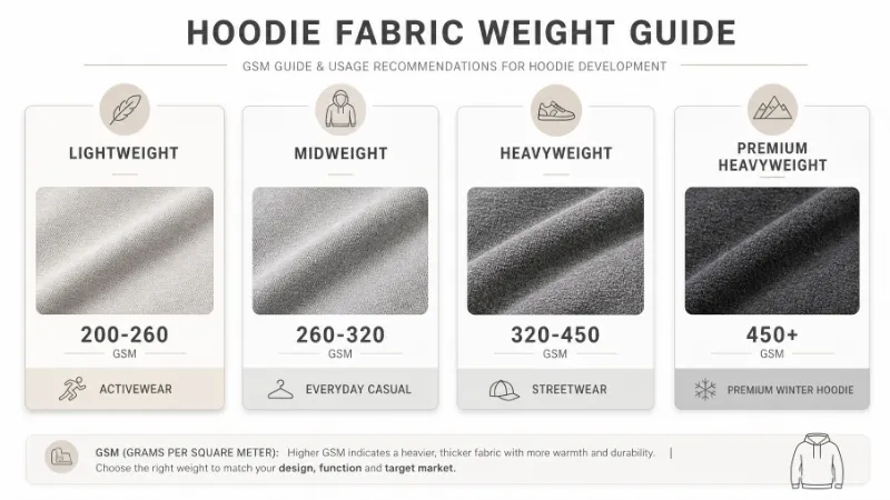Hoodie GSM guide showing lightweight, midweight, heavyweight, and premium heavyweight fabric ranges