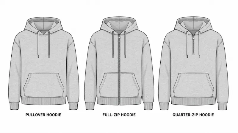 Comparison of pullover hoodie, full-zip hoodie, and quarter-zip hoodie opening styles