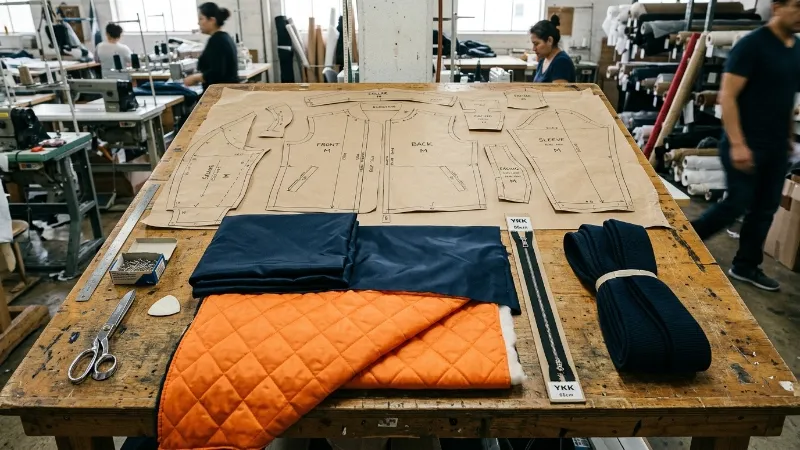 A bomber jacket pattern, zipper, lining fabric, and rib trims placed on a factory table