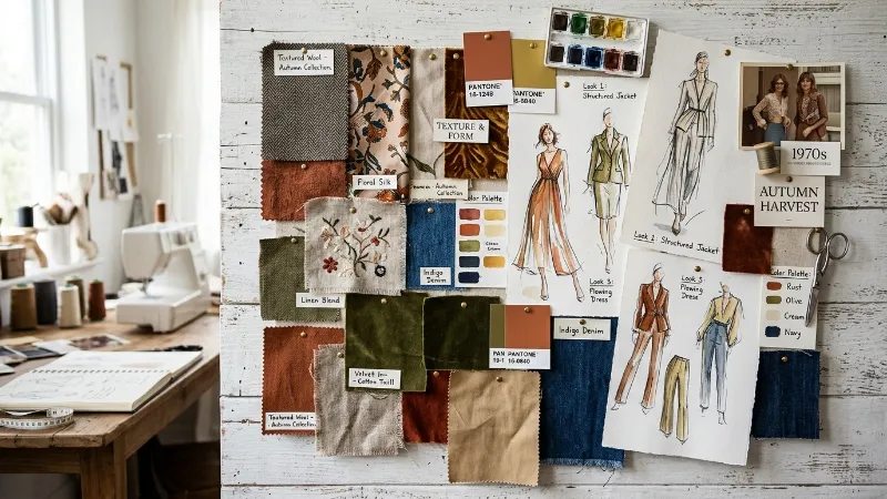 Curation vs Agility in Fashion Design A designer's mood board showing curated fabric swatches and sketches
