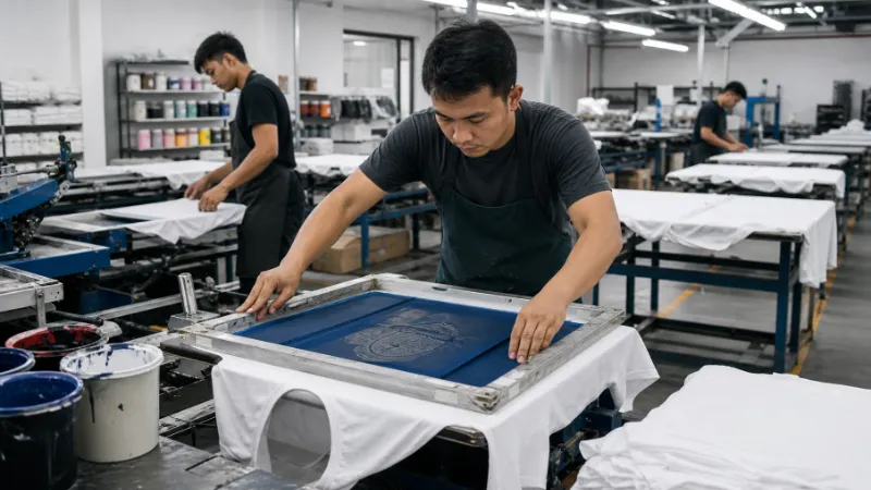 Custom T-shirt screen printing process in apparel manufacturing
