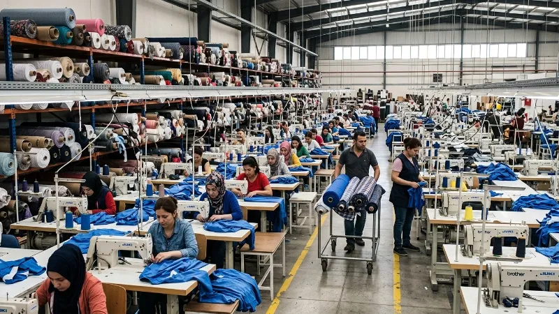 A view inside the Easson Apparel with rolls of fabric and sewing machines