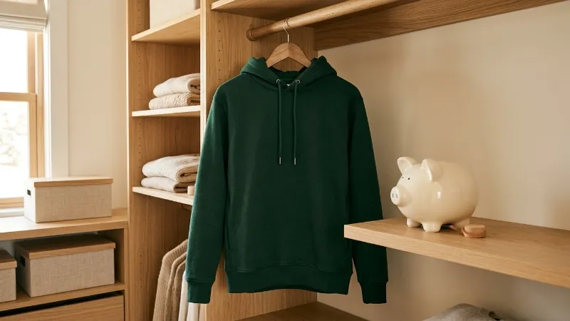 A hoodie hanging in a closet next to a piggy bank