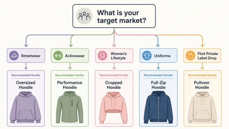 Decision flowchart for choosing the right hoodie type based on brand target market