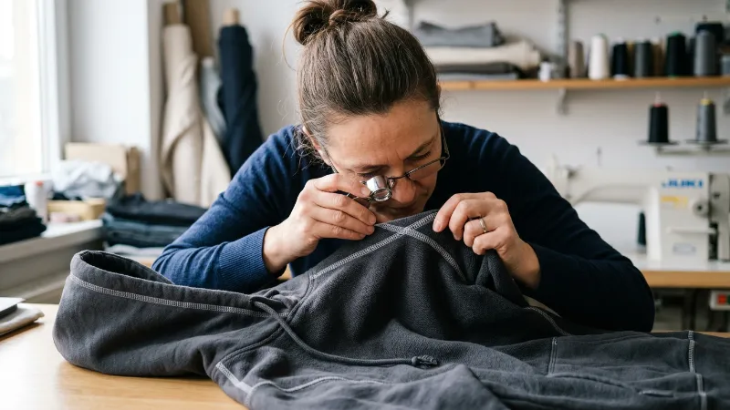 A person closely inspecting the fabric and seams of a hoodie