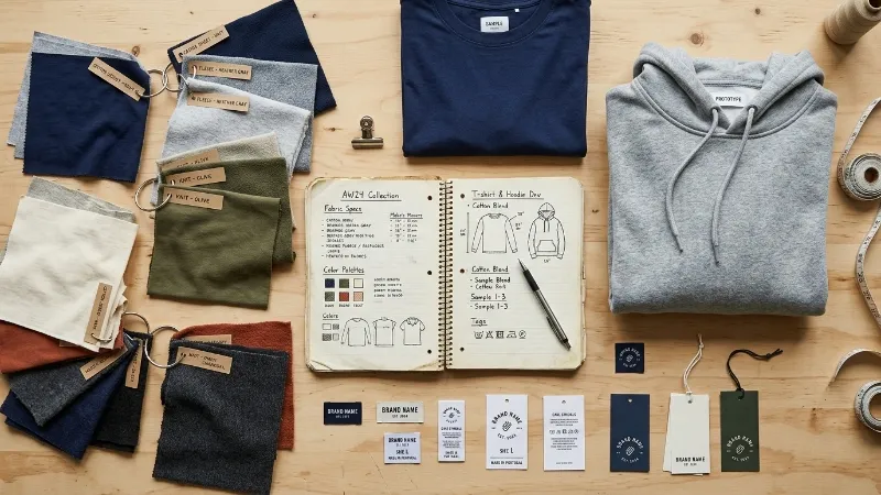 A simple product planning table showing brand type, clothing category, fabric, and MOQ