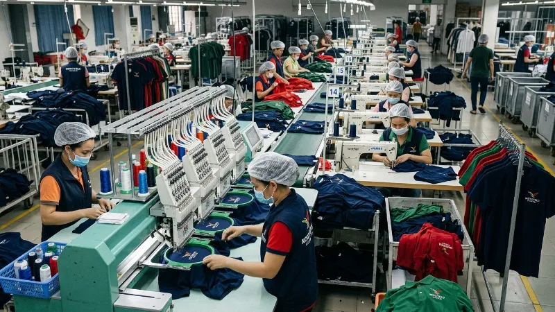 Knitwear Factory Polo Shirt Production with Brand Embroidery Knitwear factory production line for polo shirts with embroidery detail