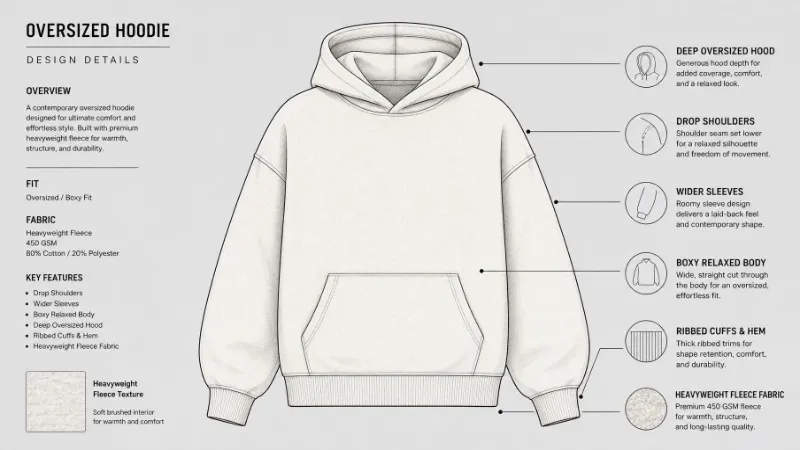 Oversized hoodie fit details showing drop shoulders, boxy body, wide sleeves, and heavyweight fleece structure
