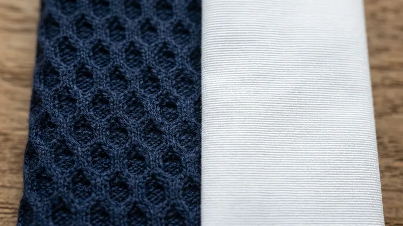 Piqué Knit vs Woven Poplin Fabric Texture Knit piqué fabric texture vs woven poplin fabric texture closeup