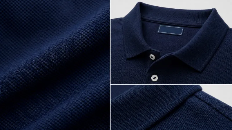 Polo shirt fabric detail close up piqué weave and collar construction