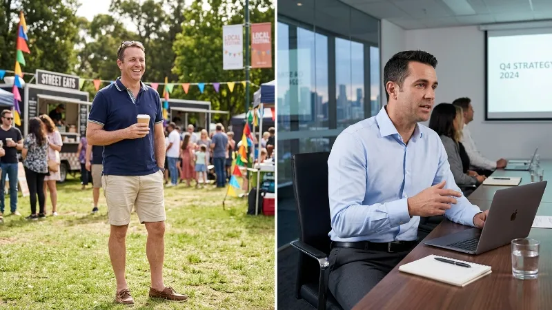 Polo Shirt Smart Casual vs Dress Shirt Formal Setting Man in polo shirt at outdoor event vs man in dress shirt at business meeting