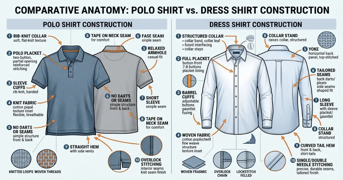 Polo vs Dress Shirt Construction and Fit Differences Polo shirt construction vs dress shirt construction diagram