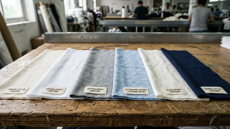 T-shirt fabric swatches with different GSM weights