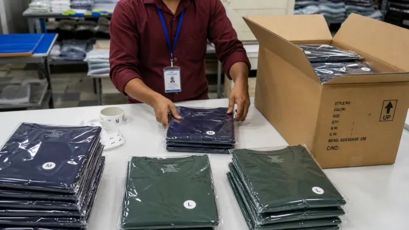 T-shirt packaging preparation in garment factory