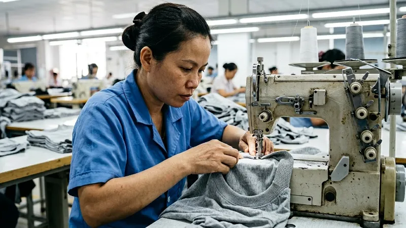 T-shirt sewing and assembly process in a garment factory