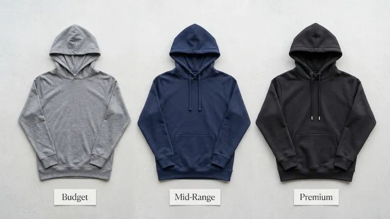 Three hoodies lined up representing budget, mid-range, and premium tiers