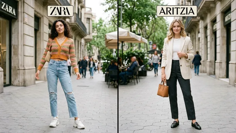 Zara and Aritzia Style Comparison A side-by-side comparison of a trendy Zara outfit and a classic Aritzia outfit