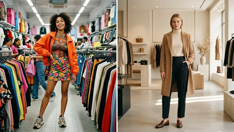 Zara vs Aritzia Brand Models A clothing rack showing different styles, comparing fast fashion and timeless pieces