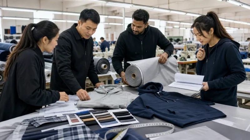 Easson Apparel team checking hoodie fabric before bulk production