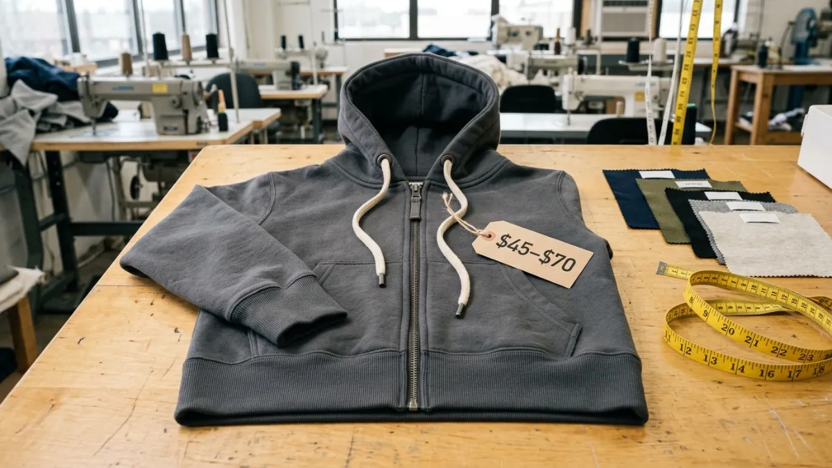 High-quality hoodie with fabric details, trims, and price tag showing hoodie cost and quality factors
