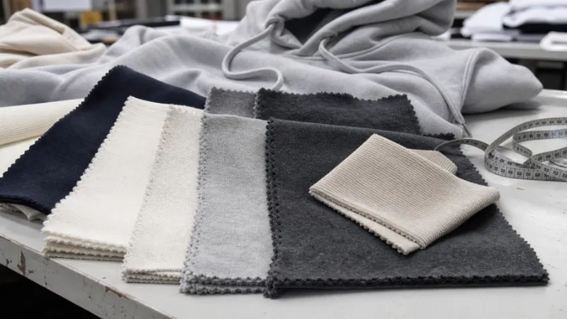 hoodie-fabric-gsm-swatches Hoodie fabric swatches including French terry, fleece, heavyweight fleece, and rib fabric