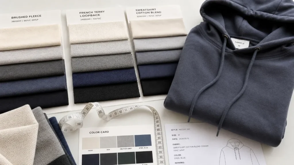 Hoodie fabric swatches including fleece, French terry, and cotton blends