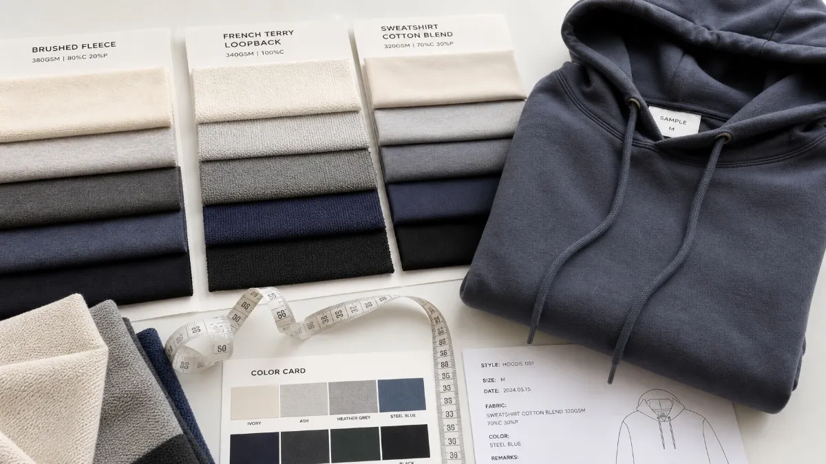 Hoodie fabric swatches including fleece, French terry, and cotton blends
