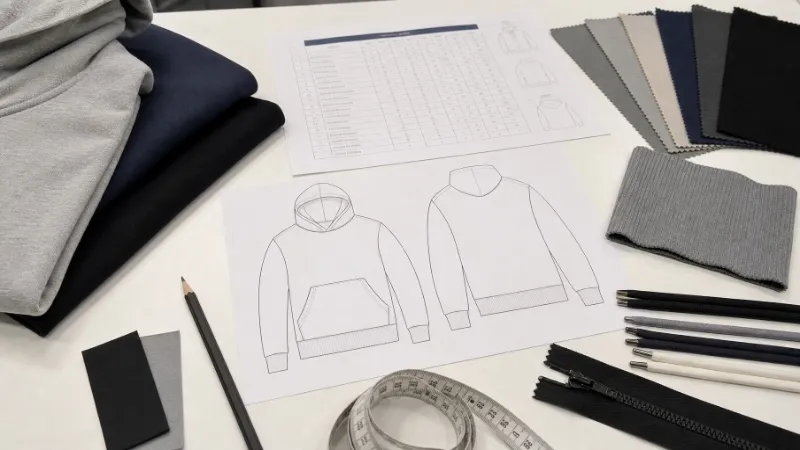 hoodie-tech-pack-fabric-trims Hoodie tech pack preparation with measurement chart, fabric swatches, and trims