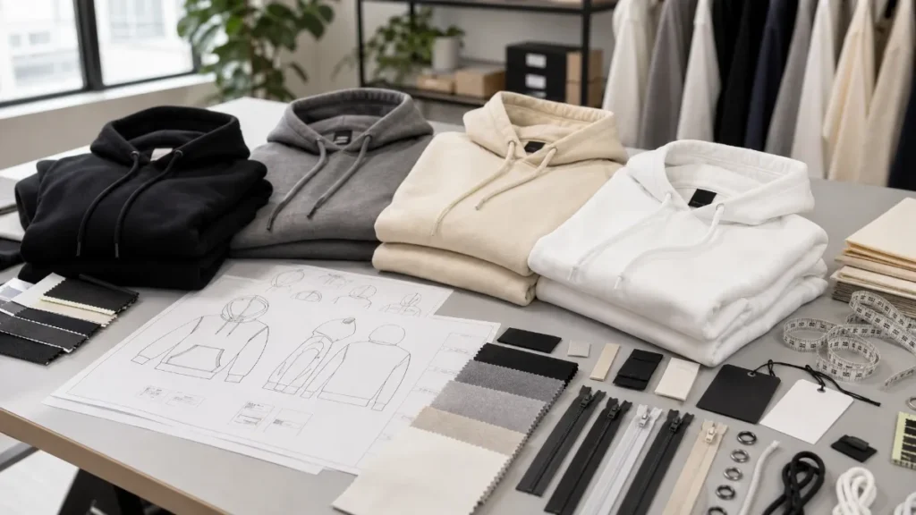 Private label hoodie development with fabric swatches, labels, trims, and hoodie samples