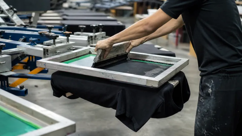 screen printing process on cotton T-shirt in garment factory